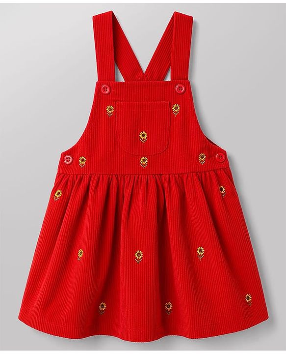 Babyhug Corduroy Woven Full Sleeves T-Shirt With Floral Embroidered Frock - Rust Orange