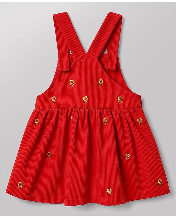 Babyhug Corduroy Woven Full Sleeves T-Shirt With Floral Embroidered Frock - Rust Orange