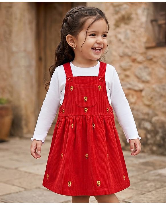 Babyhug Corduroy Woven Full Sleeves T-Shirt With Floral Embroidered Frock - Rust Orange