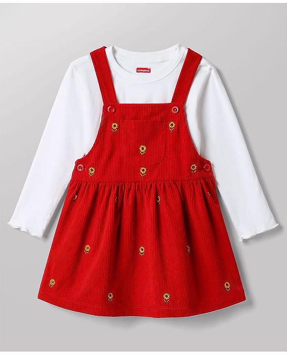 Babyhug Corduroy Woven Full Sleeves T-Shirt With Floral Embroidered Frock - Rust Orange