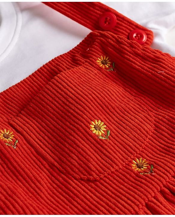 Babyhug Corduroy Woven Full Sleeves T-Shirt With Floral Embroidered Frock - Rust Orange