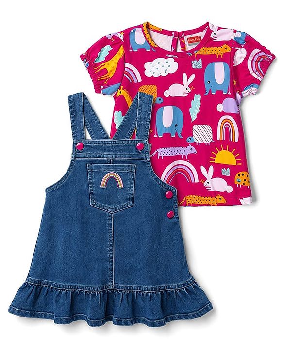 Babyhug Denim Woven Half Sleeves Animal Printed Frock With Inner Tee - Blue
