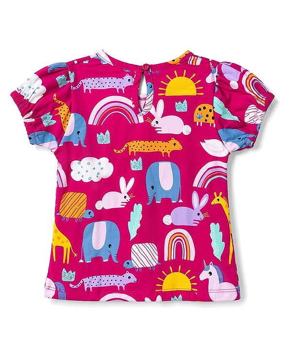 Babyhug Denim Woven Half Sleeves Animal Printed Frock With Inner Tee - Blue