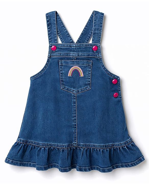 Babyhug Denim Woven Half Sleeves Animal Printed Frock With Inner Tee - Blue
