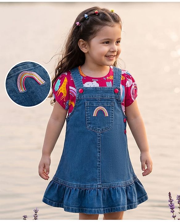 Babyhug Denim Woven Half Sleeves Animal Printed Frock With Inner Tee - Blue