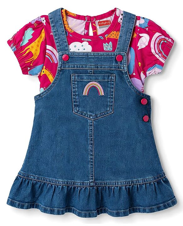 Babyhug Denim Woven Half Sleeves Animal Printed Frock With Inner Tee - Blue