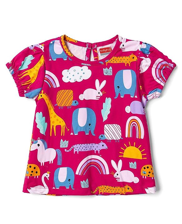 Babyhug Denim Woven Half Sleeves Animal Printed Frock With Inner Tee - Blue