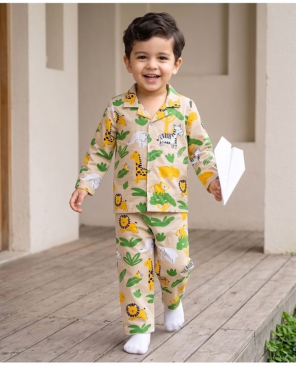 Babyhug Cotton Knit Full Sleeves Front Open Co-Ords Animals Printed Shirt & Pajama Night Suit - Beige
