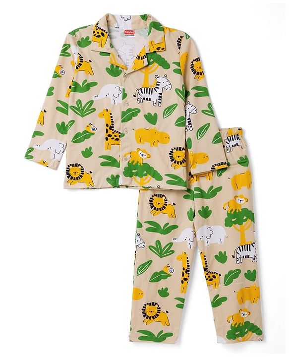 Babyhug Cotton Knit Full Sleeves Front Open Co-Ords Animals Printed Shirt & Pajama Night Suit - Beige