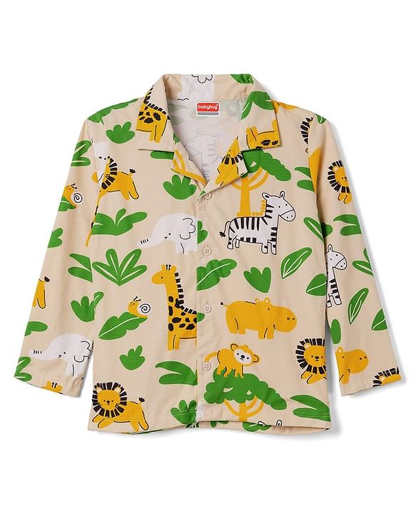 Babyhug Cotton Knit Full Sleeves Front Open Co-Ords Animals Printed Shirt & Pajama Night Suit - Beige