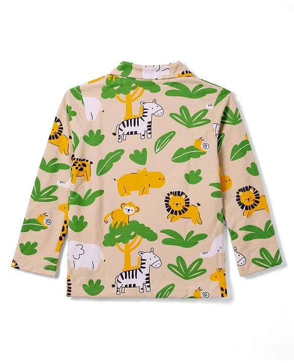 Babyhug Cotton Knit Full Sleeves Front Open Co-Ords Animals Printed Shirt & Pajama Night Suit - Beige