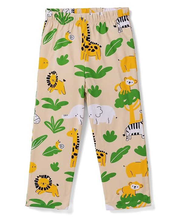 Babyhug Cotton Knit Full Sleeves Front Open Co-Ords Animals Printed Shirt & Pajama Night Suit - Beige