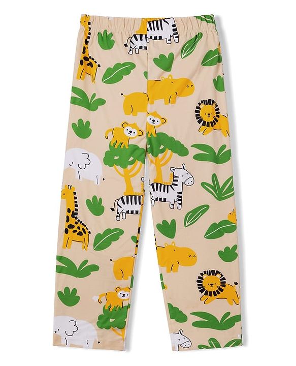 Babyhug Cotton Knit Full Sleeves Front Open Co-Ords Animals Printed Shirt & Pajama Night Suit - Beige