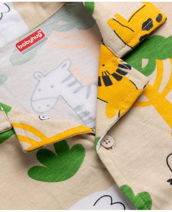 Babyhug Cotton Knit Full Sleeves Front Open Co-Ords Animals Printed Shirt & Pajama Night Suit - Beige