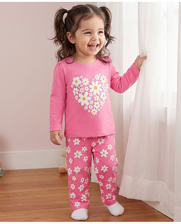 Babyhug 100% Cotton Knit Full Sleeves T-Shirts & Pajama Night Suit with Floral Print - Pink
