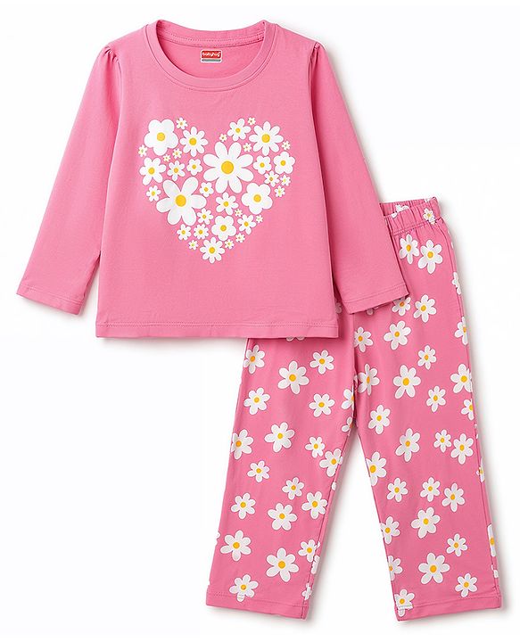 Babyhug 100% Cotton Knit Full Sleeves T-Shirts & Pajama Night Suit with Floral Print - Pink