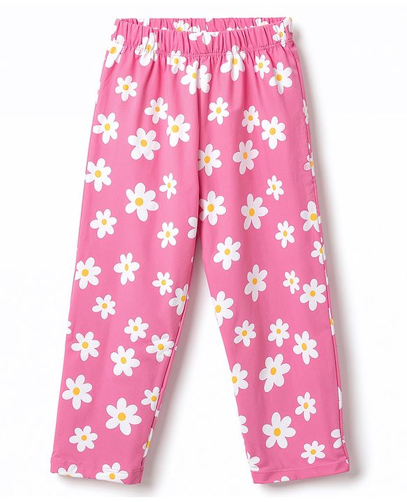 Babyhug 100% Cotton Knit Full Sleeves T-Shirts & Pajama Night Suit with Floral Print - Pink