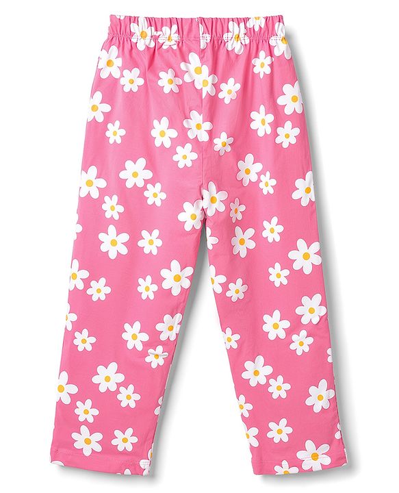 Babyhug 100% Cotton Knit Full Sleeves T-Shirts & Pajama Night Suit with Floral Print - Pink