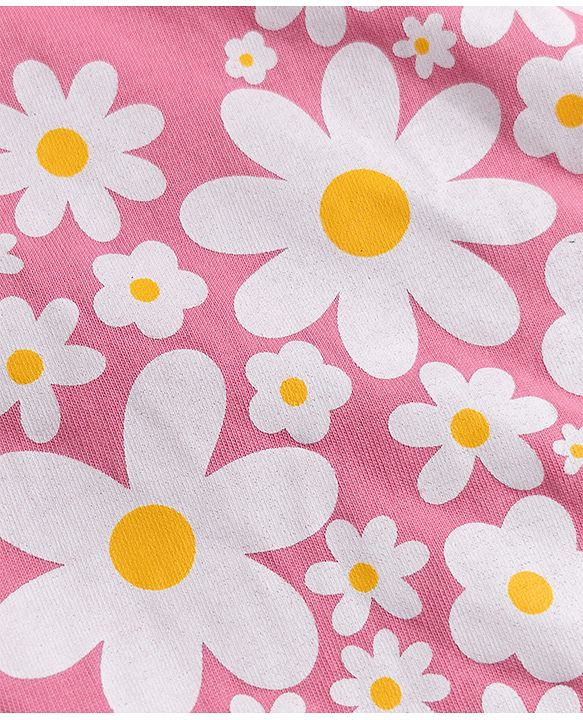 Babyhug 100% Cotton Knit Full Sleeves T-Shirts & Pajama Night Suit with Floral Print - Pink