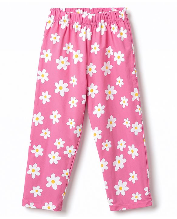 Babyhug 100% Cotton Knit Full Sleeves T-Shirts & Pajama Night Suit with Floral Print - Pink