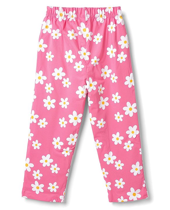 Babyhug 100% Cotton Knit Full Sleeves T-Shirts & Pajama Night Suit with Floral Print - Pink