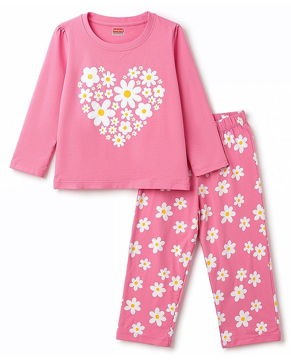 Babyhug 100% Cotton Knit Full Sleeves T-Shirts & Pajama Night Suit with Floral Print - Pink