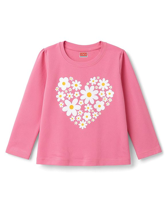 Babyhug 100% Cotton Knit Full Sleeves T-Shirts & Pajama Night Suit with Floral Print - Pink