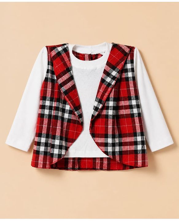 Babyhug 100% Cotton Lurex Woven Top with Full Sleeves and Checked Shrug - Red