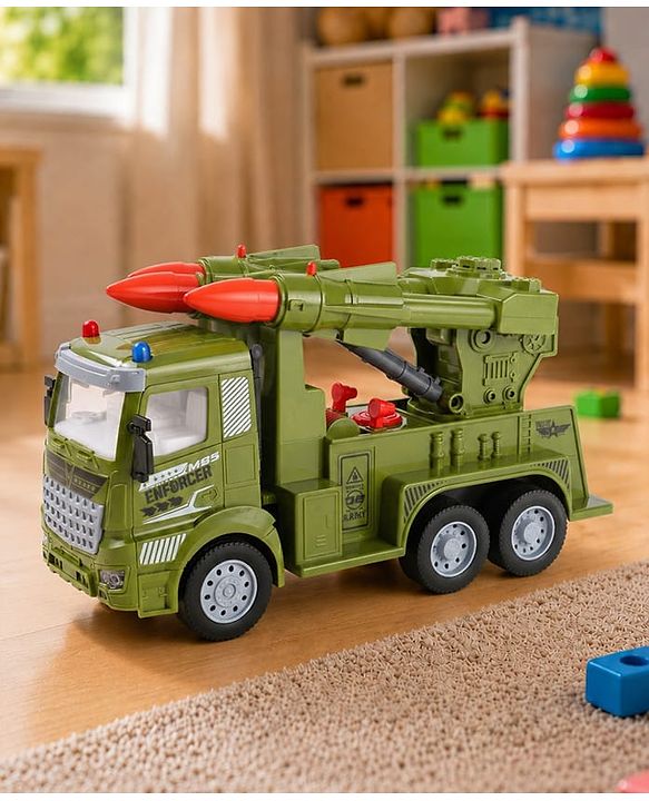 Babyhug Friction Powered Military Truck for Kids - Green| Friction Powered Movement| Rotating Launcher| Battery-Free Movement| Pretend Play Toy for 3 Years+| BIS Certified | Gifting Option