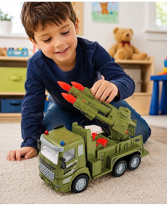 Babyhug Friction Powered Military Truck for Kids - Green| Friction Powered Movement| Rotating Launcher| Battery-Free Movement| Pretend Play Toy for 3 Years+| BIS Certified | Gifting Option