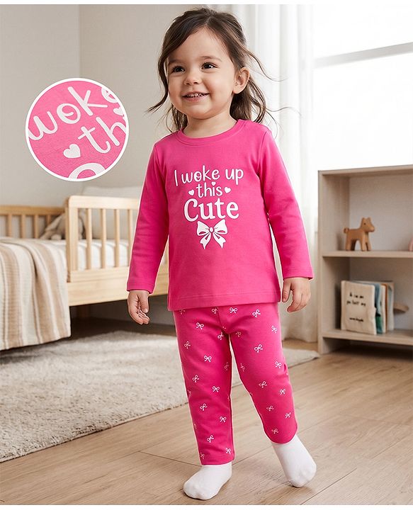 Babyhug 100% Cotton Knit Full Sleeves T-Shirt & Pyjama Night Suit with Bow & Text Print - Pink