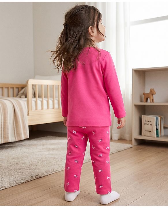Babyhug 100% Cotton Knit Full Sleeves T-Shirt & Pyjama Night Suit with Bow & Text Print - Pink