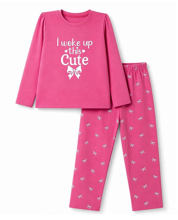 Babyhug 100% Cotton Knit Full Sleeves T-Shirt & Pyjama Night Suit with Bow & Text Print - Pink