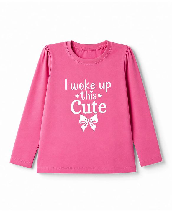 Babyhug 100% Cotton Knit Full Sleeves T-Shirt & Pyjama Night Suit with Bow & Text Print - Pink
