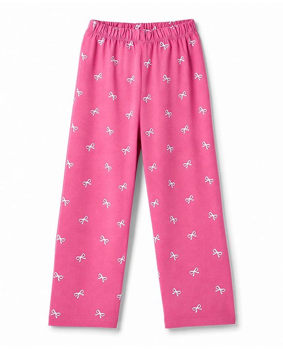 Babyhug 100% Cotton Knit Full Sleeves T-Shirt & Pyjama Night Suit with Bow & Text Print - Pink