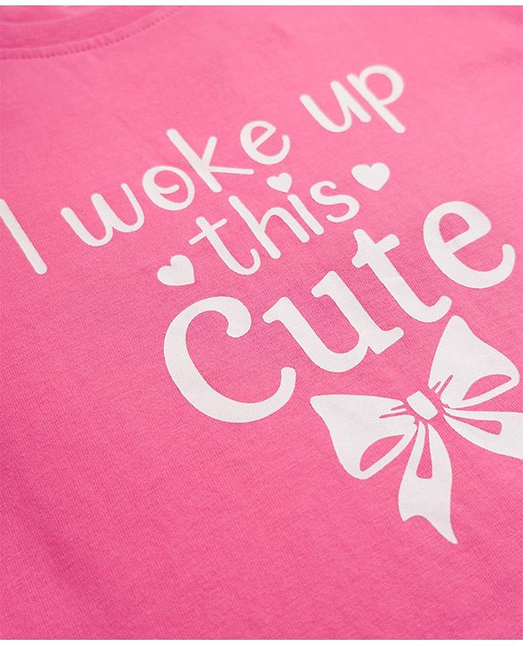 Babyhug 100% Cotton Knit Full Sleeves T-Shirt & Pyjama Night Suit with Bow & Text Print - Pink