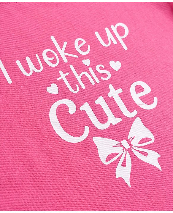 Babyhug 100% Cotton Knit Full Sleeves T-Shirt & Pyjama Night Suit with Bow & Text Print - Pink