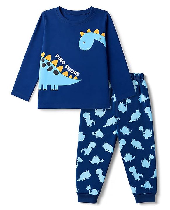 Babyhug 100% Cotton Knit Full Sleeves T-Shirt & Pyjama Night Suit with Dinosaur Print - Navy Blue