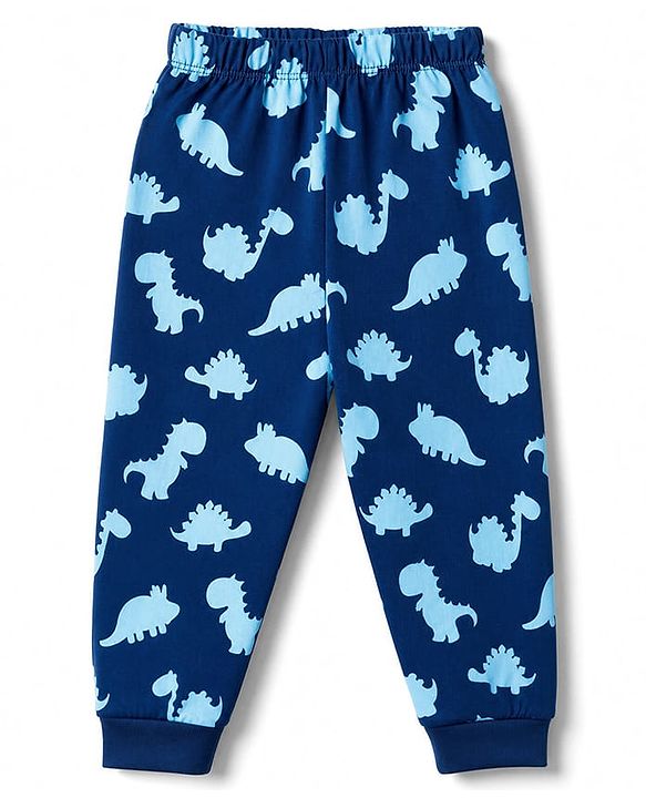 Babyhug 100% Cotton Knit Full Sleeves T-Shirt & Pyjama Night Suit with Dinosaur Print - Navy Blue