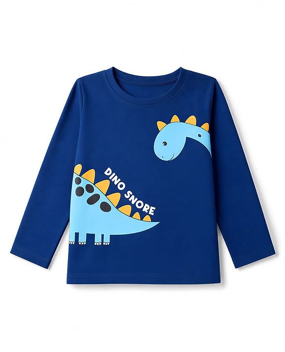 Babyhug 100% Cotton Knit Full Sleeves T-Shirt & Pyjama Night Suit with Dinosaur Print - Navy Blue