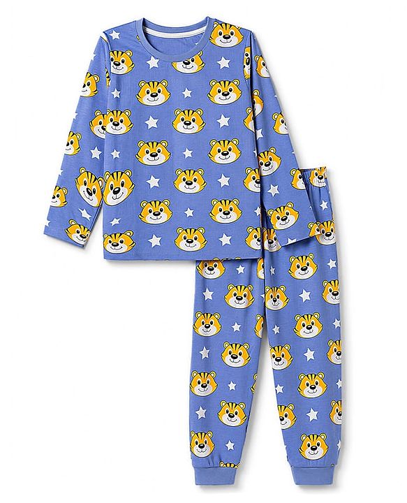 Babyhug 100% Cotton Knit Full Sleeves T-Shirt & Pyjama Co-ords Night Suit With Tiger Print - Navy Blue