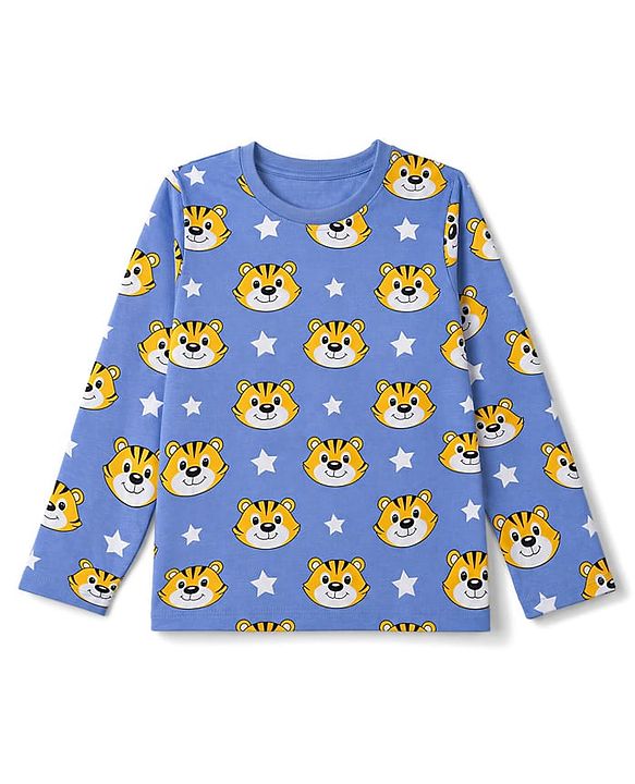 Babyhug 100% Cotton Knit Full Sleeves T-Shirt & Pyjama Co-ords Night Suit With Tiger Print - Navy Blue