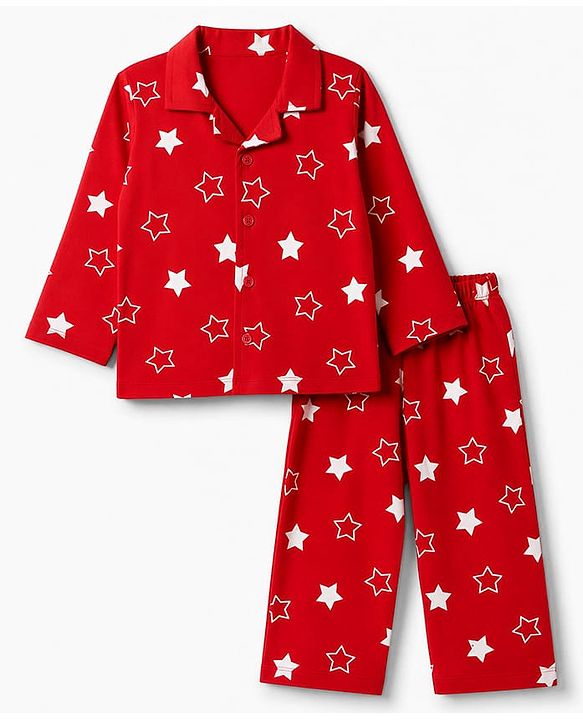 Babyhug Cotton Knit Full Sleeves Shirt & Pyjama Co-ords Night Suit With Star Print - Red