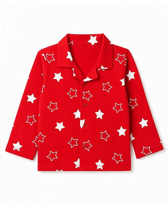 Babyhug Cotton Knit Full Sleeves Shirt & Pyjama Co-ords Night Suit With Star Print - Red