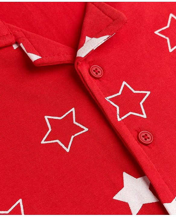 Babyhug Cotton Knit Full Sleeves Shirt & Pyjama Co-ords Night Suit With Star Print - Red