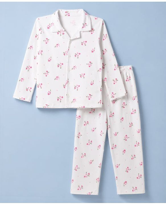 Babyhug 100% Cotton Knit Full Sleeves Co-Ords Front Open Shirt & Pyjama Night Suit with Floral Print - White
