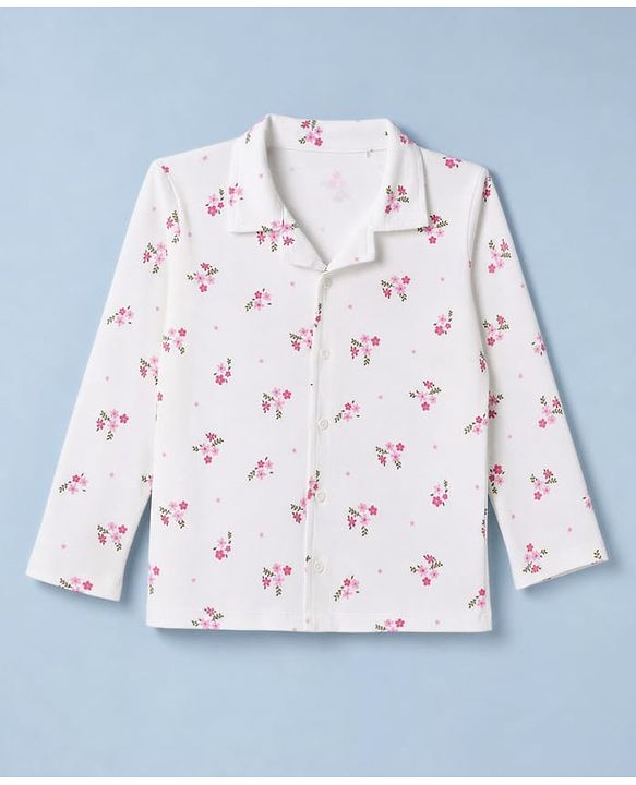 Babyhug 100% Cotton Knit Full Sleeves Co-Ords Front Open Shirt & Pyjama Night Suit with Floral Print - White