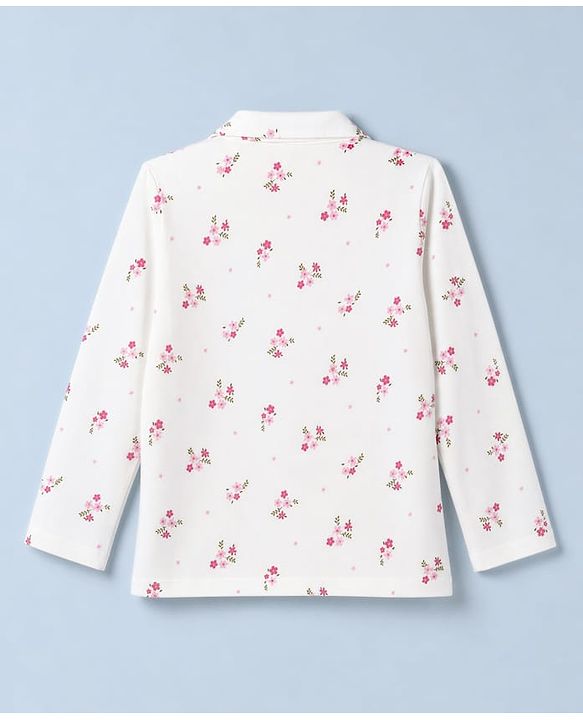 Babyhug 100% Cotton Knit Full Sleeves Co-Ords Front Open Shirt & Pyjama Night Suit with Floral Print - White