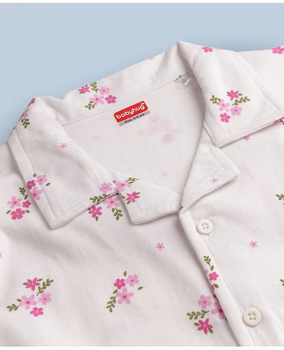 Babyhug 100% Cotton Knit Full Sleeves Co-Ords Front Open Shirt & Pyjama Night Suit with Floral Print - White