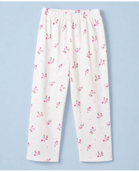 Babyhug 100% Cotton Knit Full Sleeves Co-Ords Front Open Shirt & Pyjama Night Suit with Floral Print - White